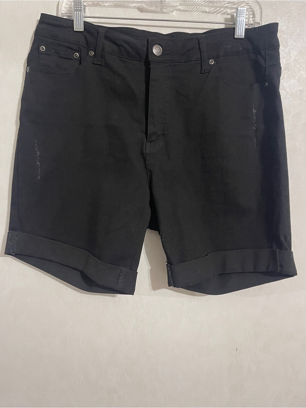 Women’s Slim-Sation Black Distress Denim Button Up Burmuda Shorts Size 12